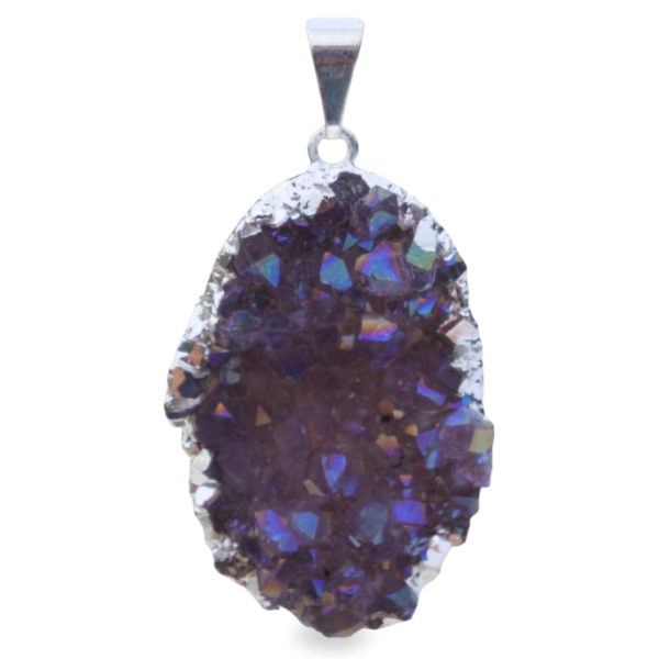 Silver plated pendant - Amethyst cluster Aura coated
