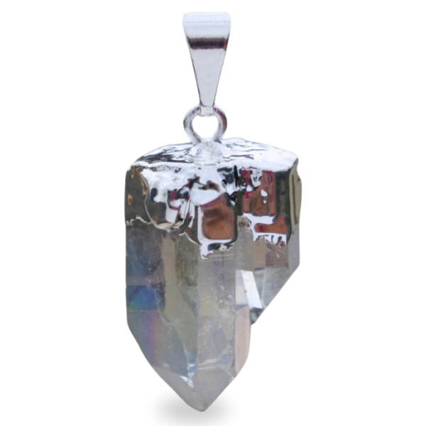 Silver plated pendant - Rockcrystal point aura coated