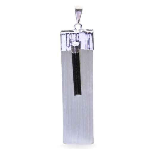 Silver plated pendant - Selenite with Black Tourmaline