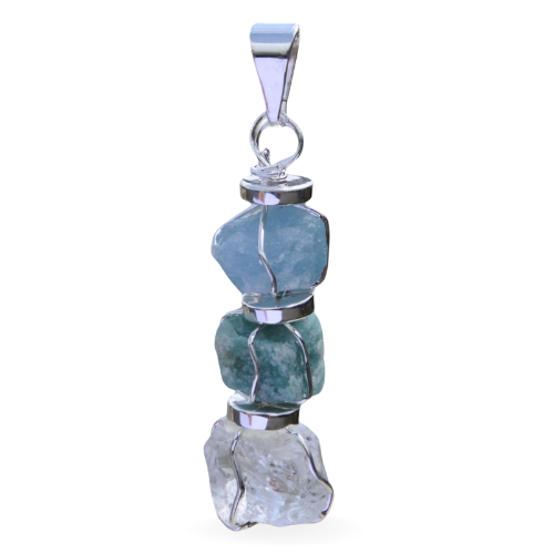 Silver plated pendant - Aquamarine, Rockcrystal and Amazonite rough