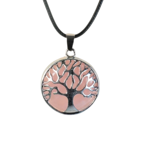 Rose Quartz - Tree Of Life Pendant - Metal Chain - 6*25mm
