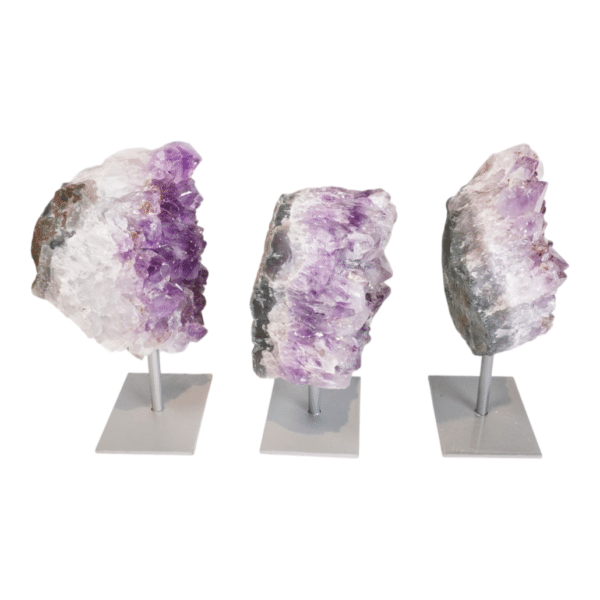 Alternative view of Amethyst cluster on grey metal stand