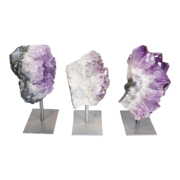 Alternative view of Amethyst cluster on grey metal stand