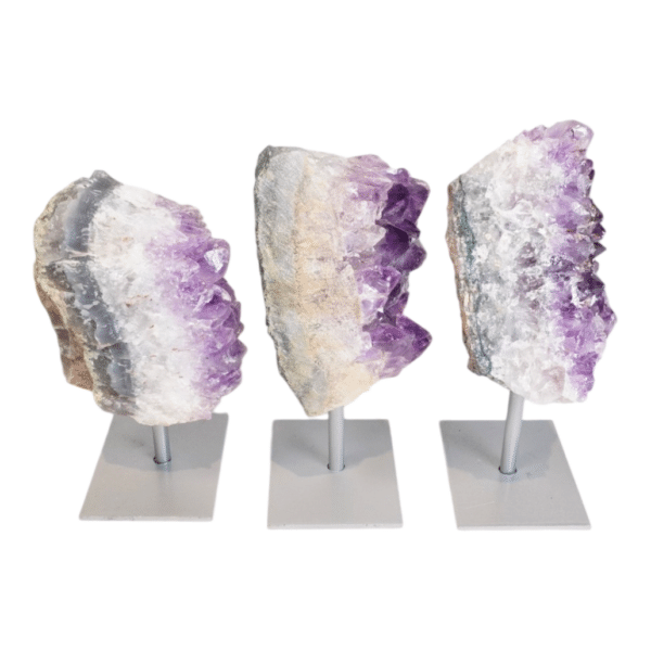 Alternative view of Amethyst cluster on grey metal stand