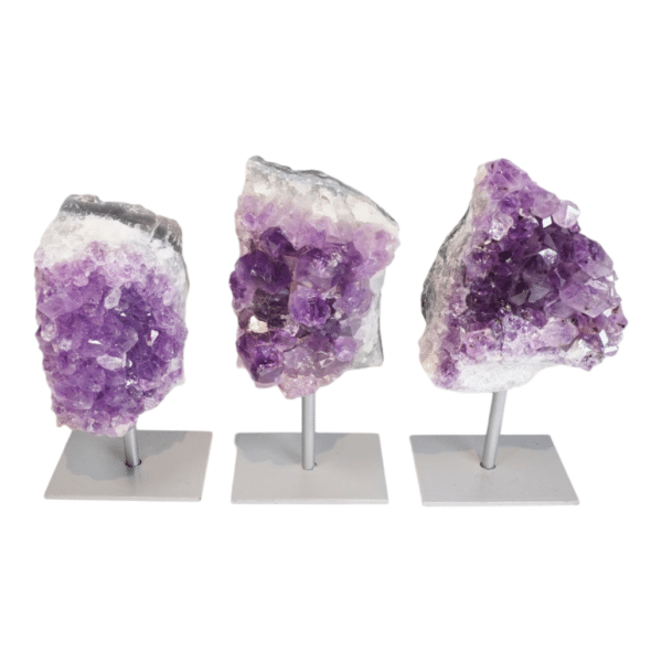 Amethyst cluster on grey metal stand