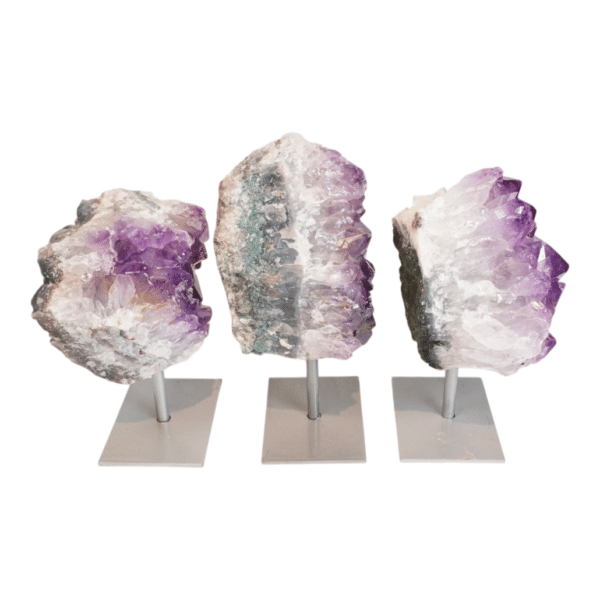 Alternative view of Amethyst cluster on grey metal stand