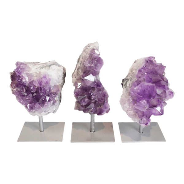 Amethyst cluster on grey metal stand